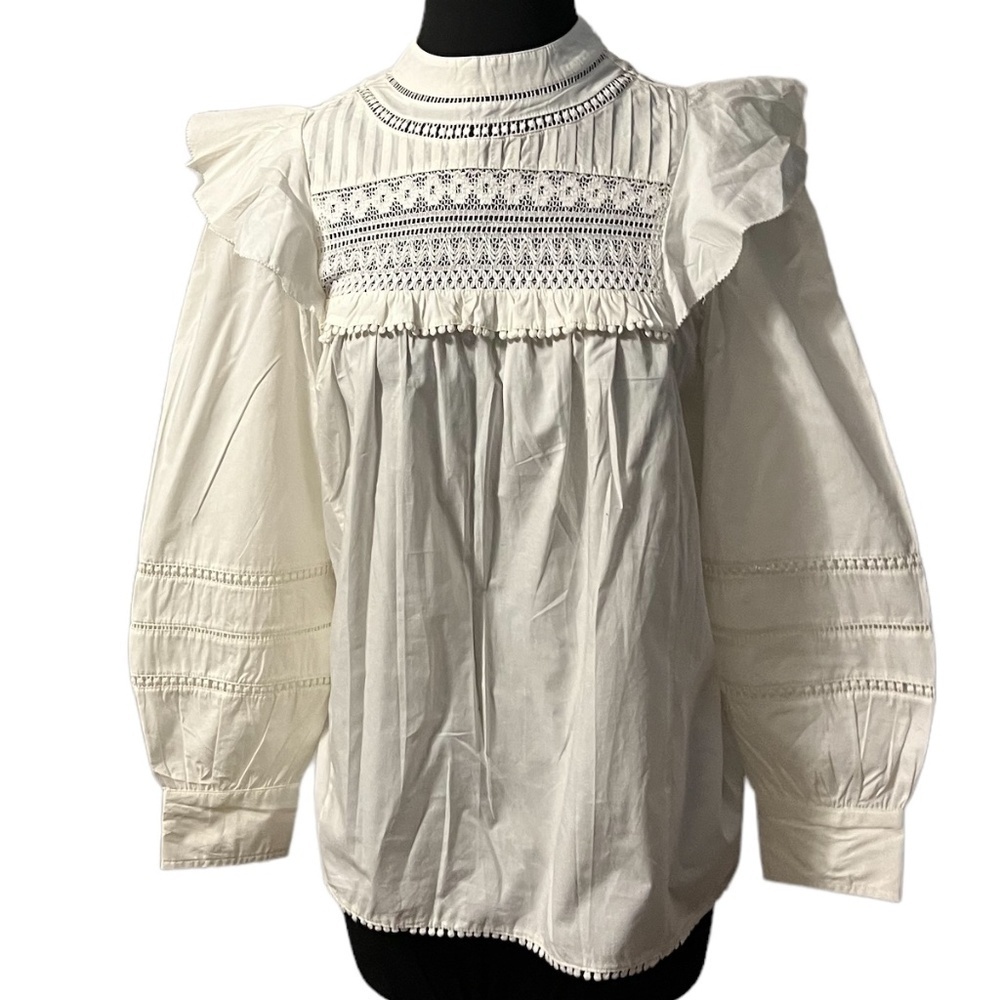 NWOT J.Crew Women's Crocheted Blouse‎ White Long Sleeve Ruffle Lace 100% Cotton